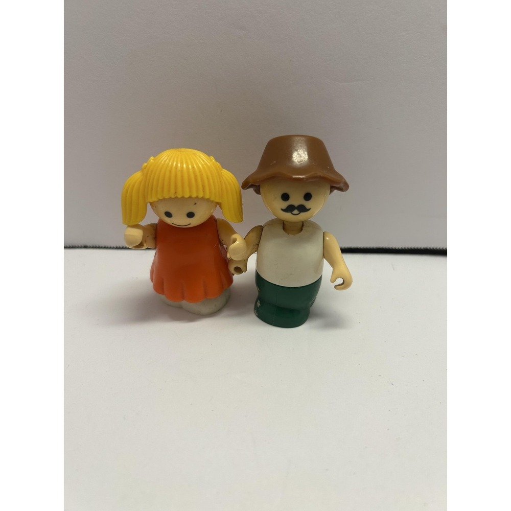 Girl Farmer Man Figures Lot 2 Small Plastic Toy Set Orange Dress Green Hat Cute